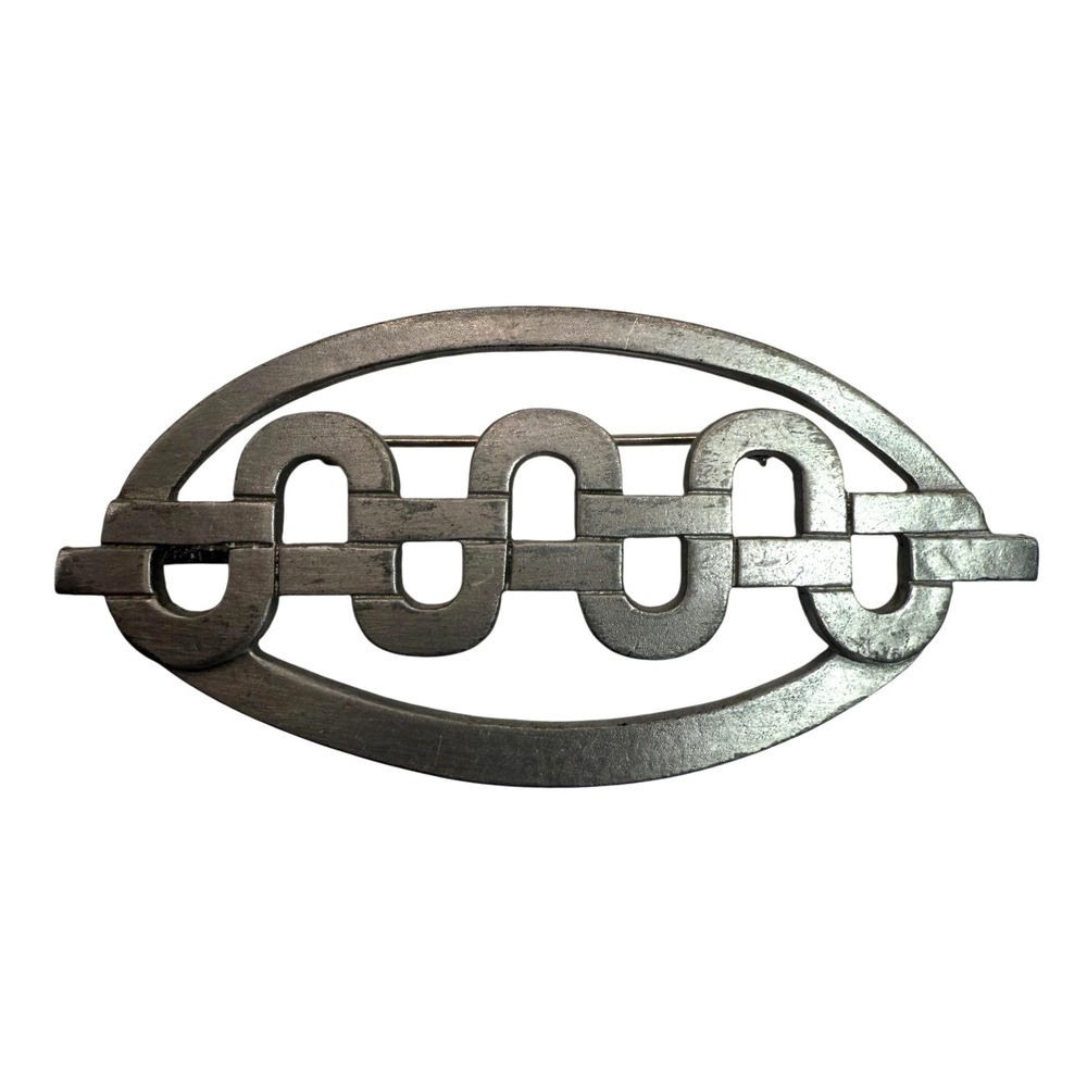 Vintage W Kelly Waters Pewter Modernist Chain Link Brooch Abstract Oval Pin